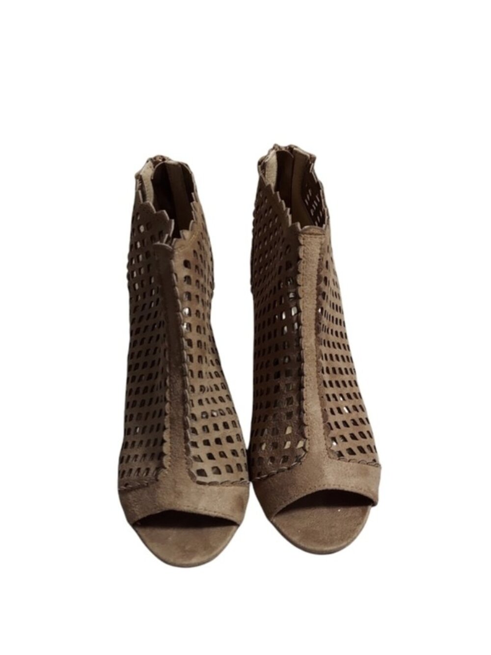 Bruno Valenti Strappy Cut Out Tan Heels Size 8M Y2K Party Suede Brunch Office